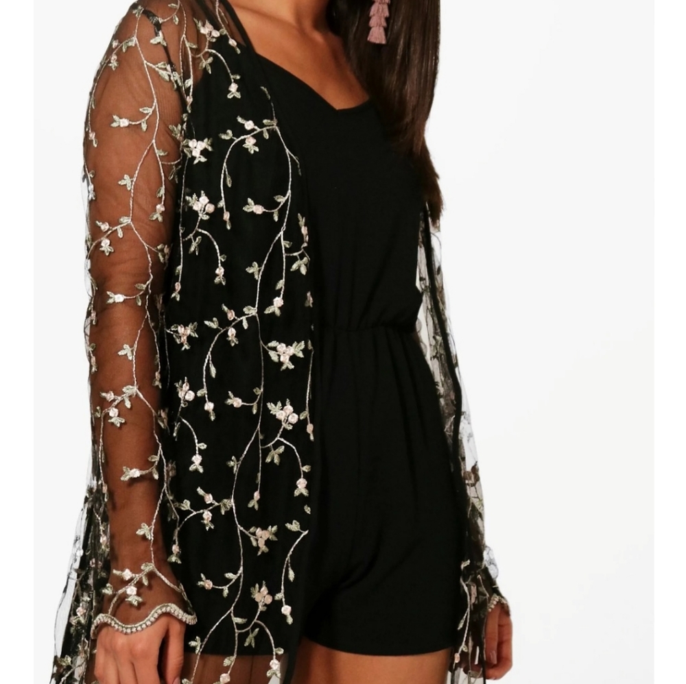 BOOHOO Floral Embroidered Black Mesh Fairy WhimsyGoth Kimono - Picture 3 of 12
